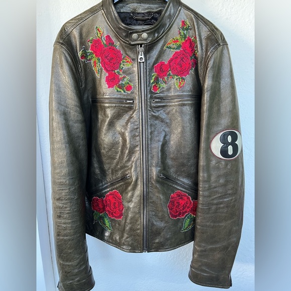 Dolce Gabana Rose Patch Biker Jacket